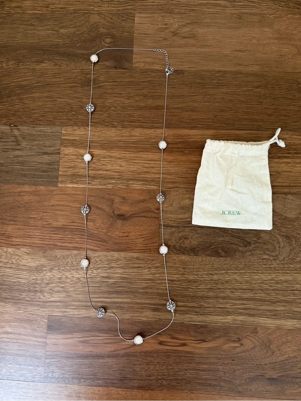 J. Crew Silver Long Station Necklace with White Accents